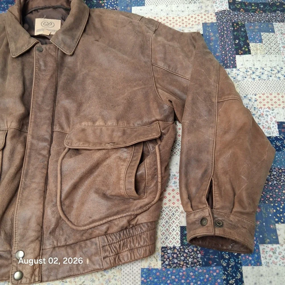 Vintage 90s Georgetown Leather Design Mens XL Brown Patina Aviator Bomber Jacket